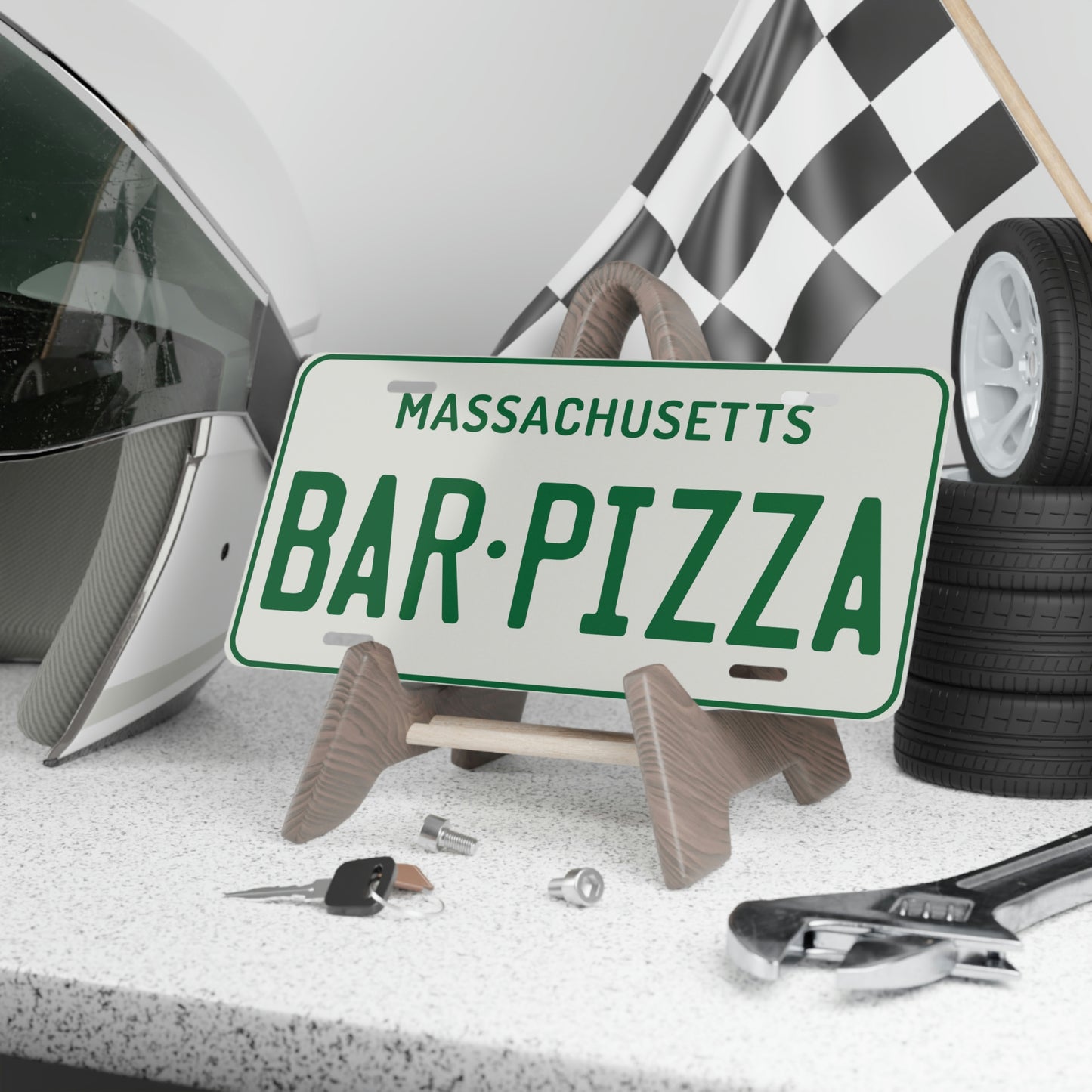 Oldschool Green Massachusetts Bar Pizza Vanity Plate